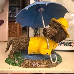 Danbury mint dachshund Figurine with Yellow Raincoat and Blue Umbrella